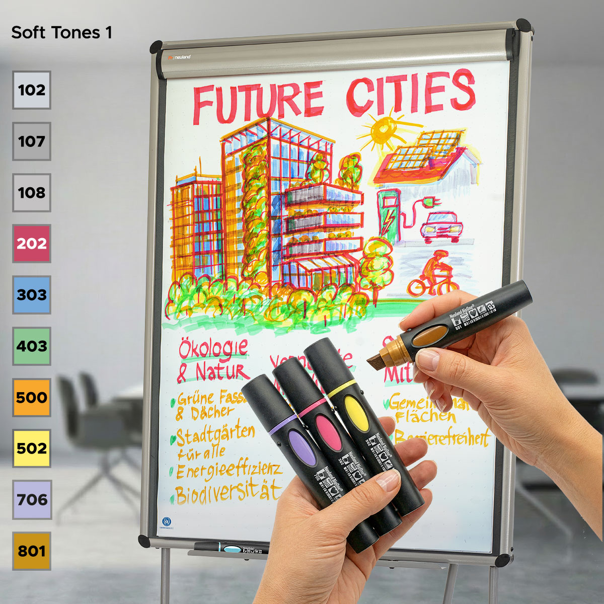 Neuland BigOne® Color Set, 10-Pack Facilitation Markers, Wedge Nib - Soft Tones 1