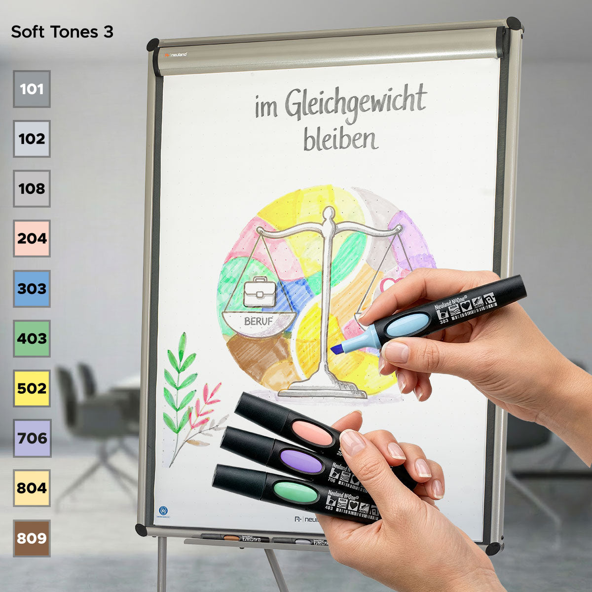 Neuland No.One® Color Set, 10-Pack Facilitation Markers, Wedge Nib - Soft Tones 3