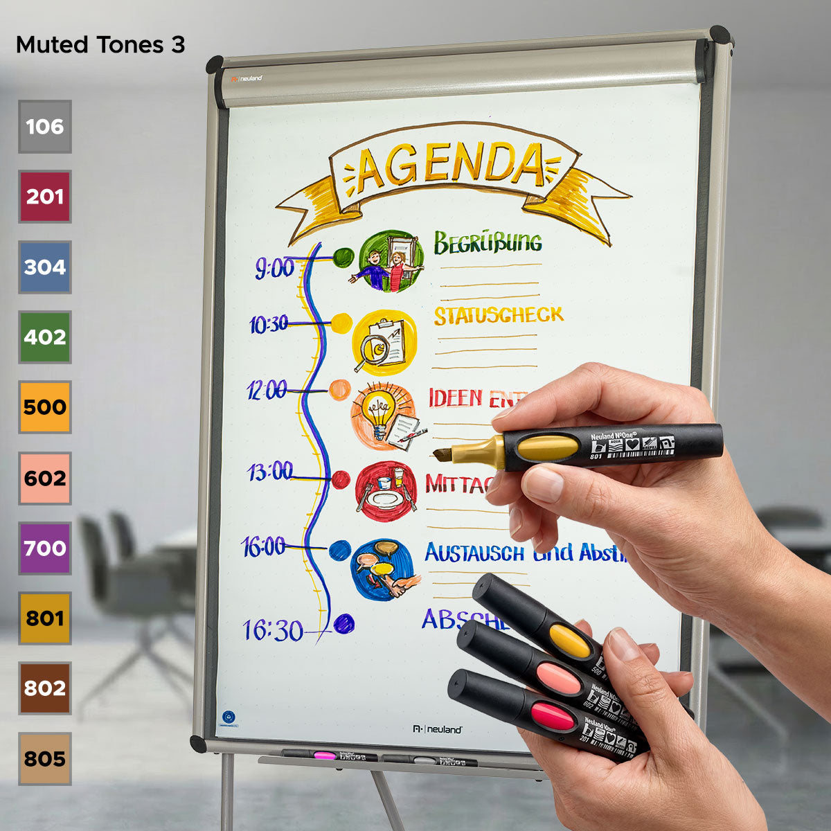 Neuland No.One® Color Set, 10-Pack Facilitation Markers, Wedge Nib - Muted Tones 3
