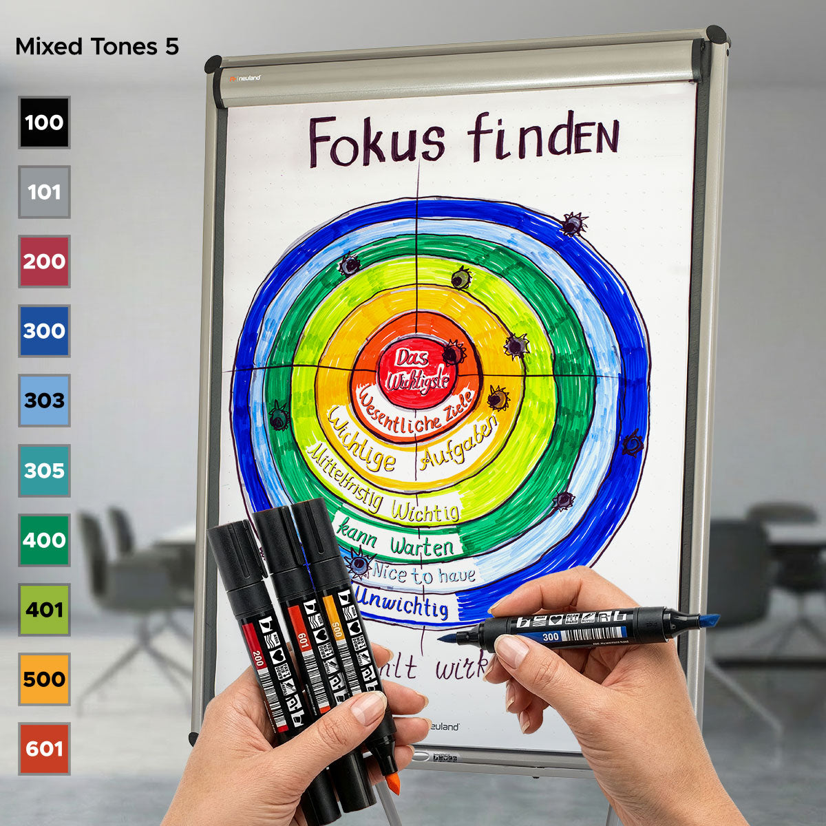 Neuland TwinOne® Color Set, Mixed Tones, 10-Pack Facilitation Markers with chisel and brush nib