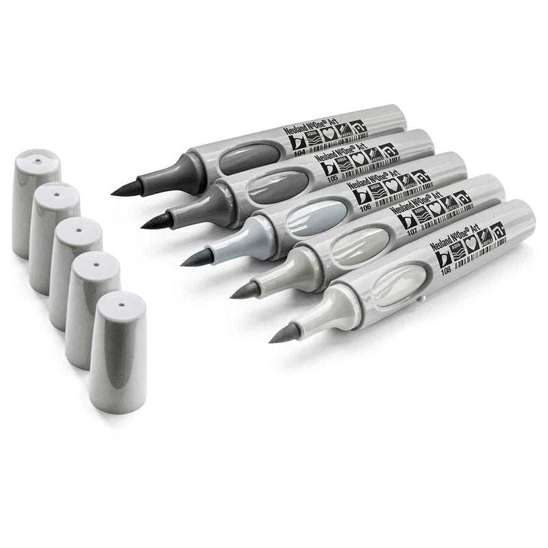 Neuland No.One® Art, brush nib 0.5-7 mm, 5/color sets - 7 Tones of Grey