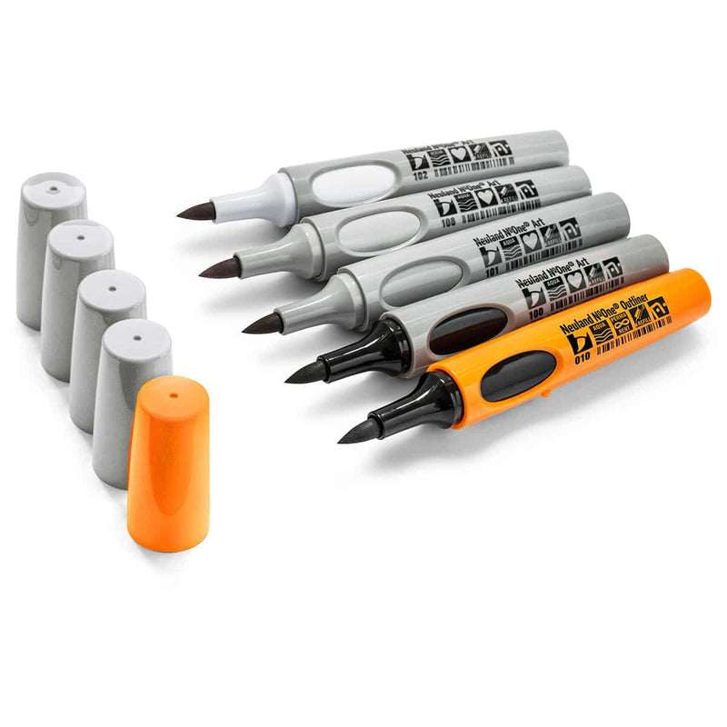 Neuland No.One® Art, brush nib 0.5-7 mm, 5/color sets - 10 From grey to black